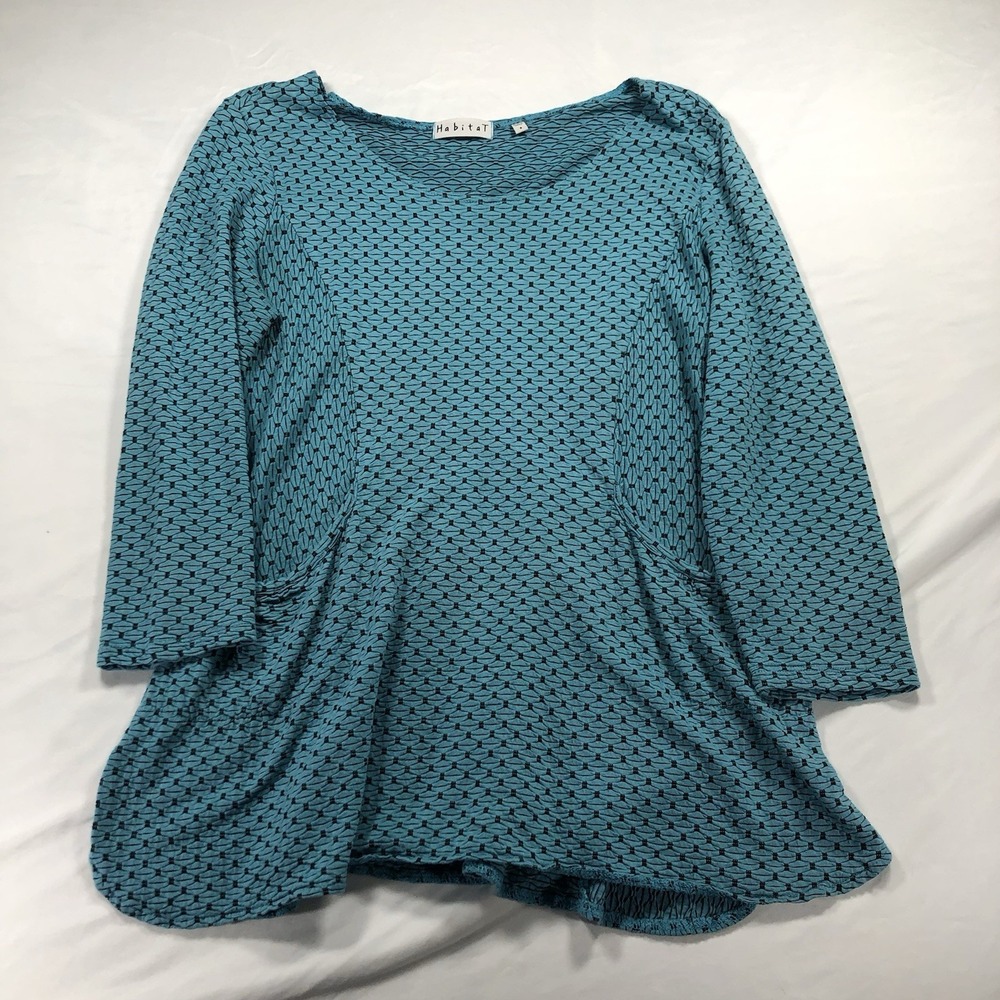 Habitat Womens S Textured  Pullover Flare Tunic‎ Top Teal  Black Lagenlook Artsy